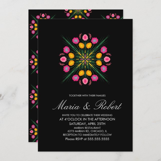 Mexican Hand Drawn Floral Black Pink Wedding Invitation (Front/Back)
