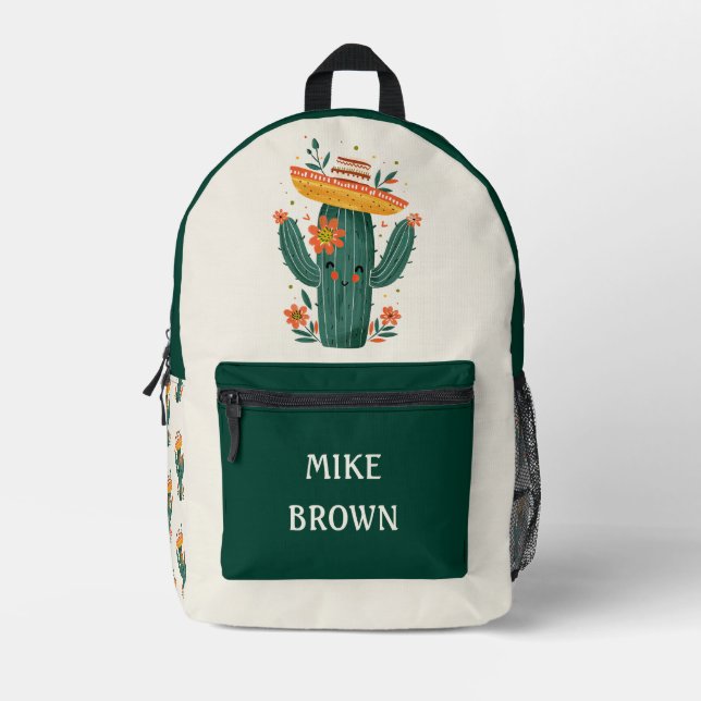 Mexican Hat Cute Desert Cactus with Name  Printed Backpack (Front)
