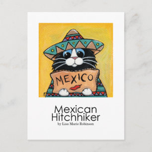 Mexican Hitchhiker Whimsical Cat Art Postcard