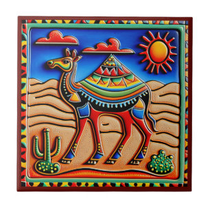 Mexican huichol art style camel ceramic tile