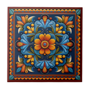 Mexican huichol art style ceramic tile