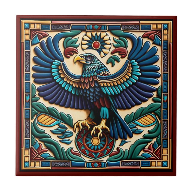 Mexican huichol art style eagle ceramic tile (Front)