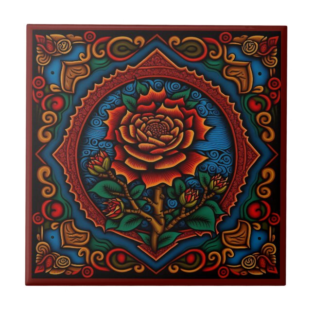 Mexican huichol art style rose ceramic tile (Front)