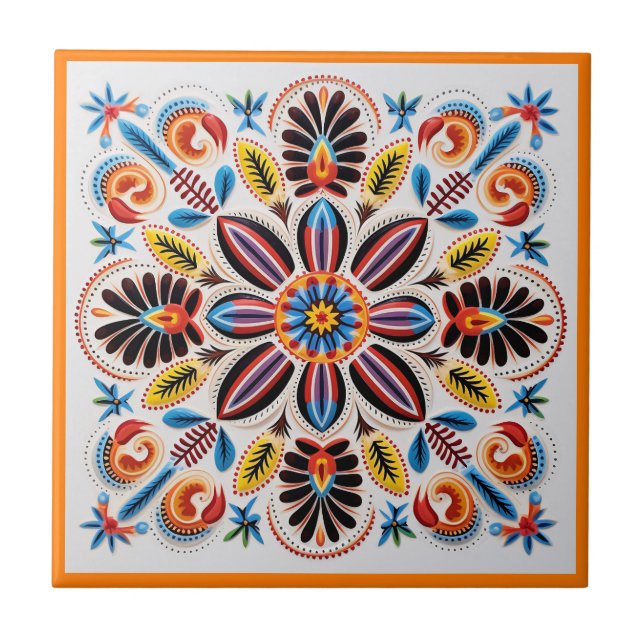 Mexican huichol flower ceramic tile (Front)