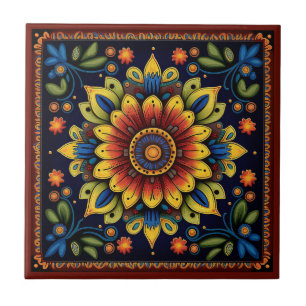 Mexican Huichol style flower ceramic tile 11/12