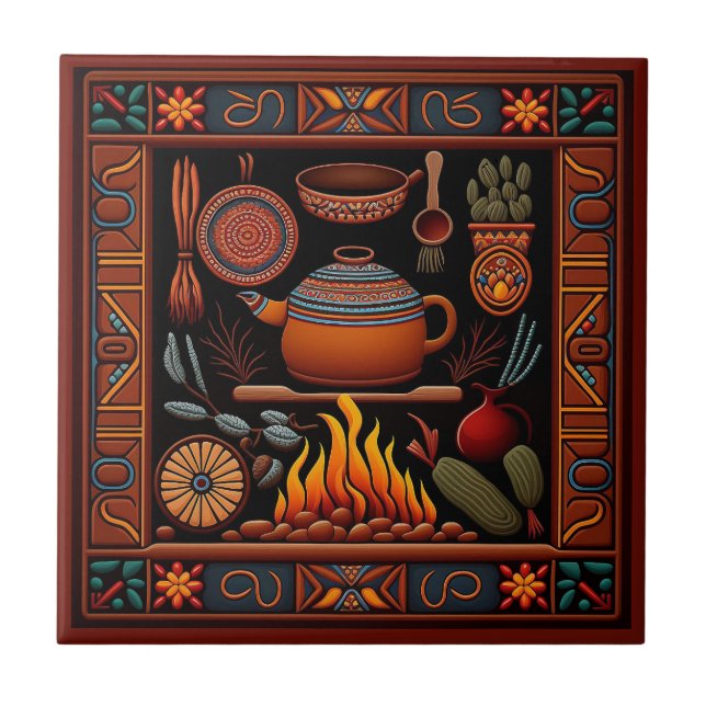 Mexican Huichol style kitchen ceramic tile 9/12 (Front)