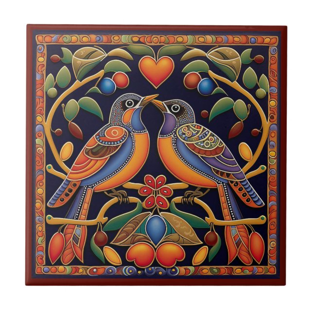 Mexican Huichol style love birds ceramic tile 6/12 (Front)