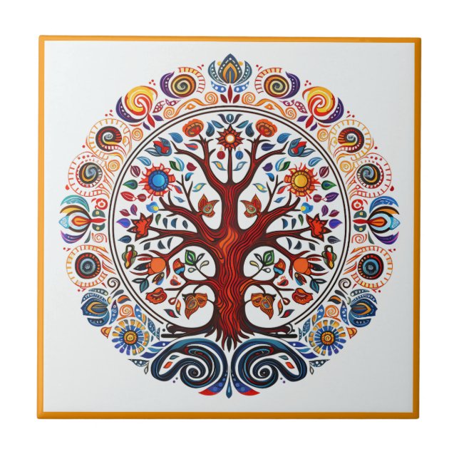 Mexican huichol tree of life ceramic tile (Front)