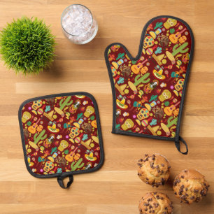 Mexican Icons Pattern Oven Mitt & Pot Holder Set