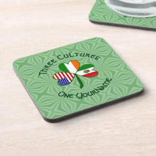 Mexican Irish American Flags Shamrock Your Name Coaster