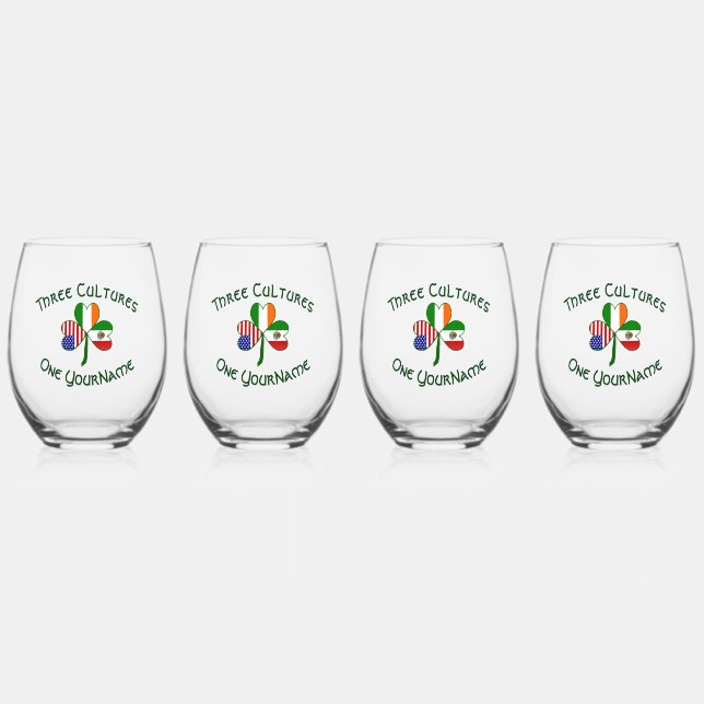 Mexican Irish USA Flags Shamrock Personalised  Stemless Wine Glass (Front)