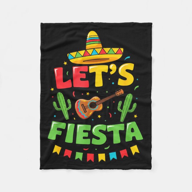 Mexican Lets Fiesta Guitar Cactus Folk Style Cinco Fleece Blanket (Front)