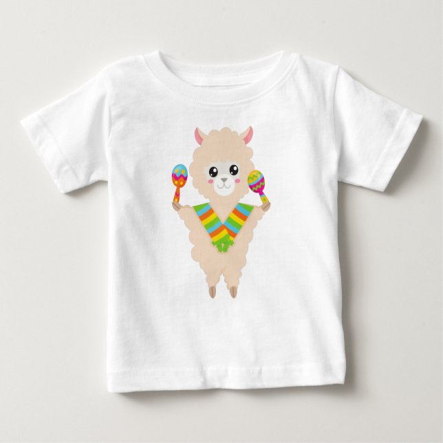 Mexican Llama, Cute Llama, Alpaca, Scarf, Maracas Baby T-Shirt (Front)