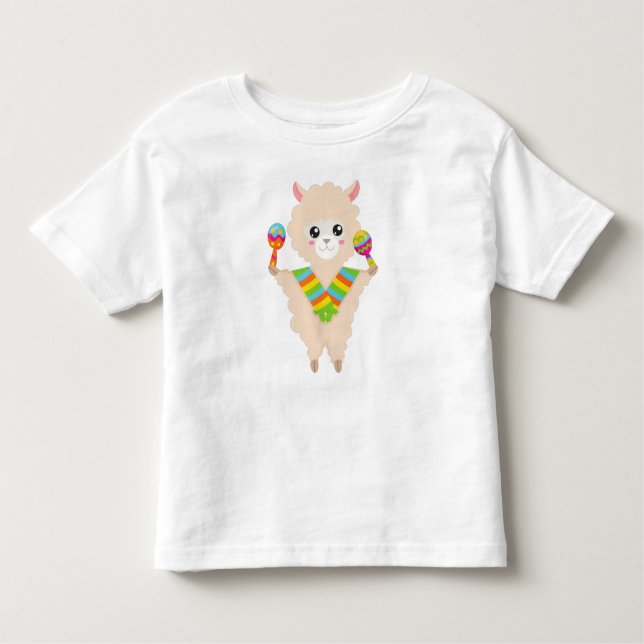 Mexican Llama, Cute Llama, Alpaca, Scarf, Maracas Toddler T-Shirt (Front)