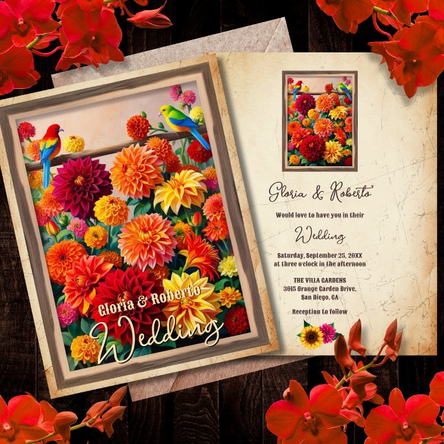 Mexican Lovebirds with Dahlia Garden Wedding Invitation (Creator Uploaded)