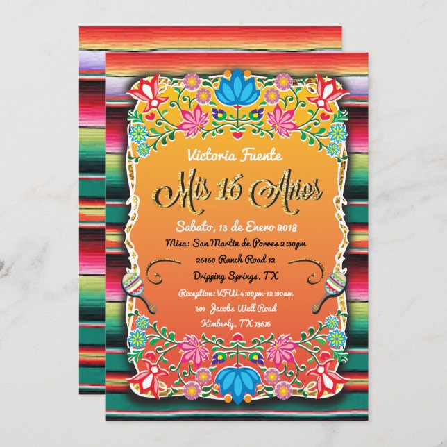 Mexican Mis 16 Anos Party Gold Glitter Invitation (Front/Back)