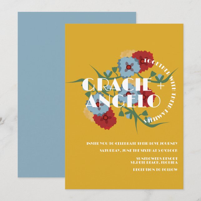 Mexican Mustard Blue Florals Wedding  Invitation (Front/Back)