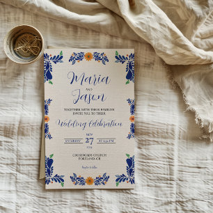 Mexican Navy Blue Minimalist Floral Classy Wedding Invitation
