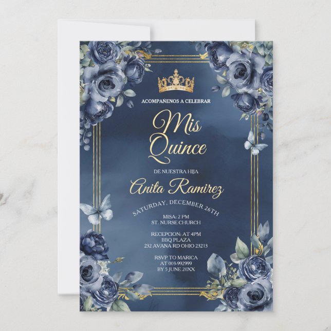 Mexican Navy Blue Roses 16th Birthday Quinceañera  Invitation (Front)