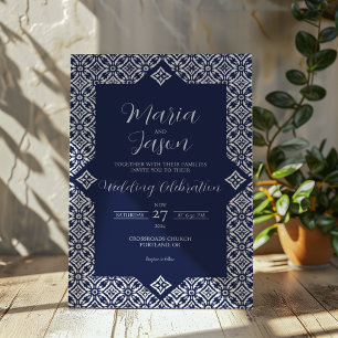 Mexican Navy Blue Talavera Formal Elegant Wedding Invitation