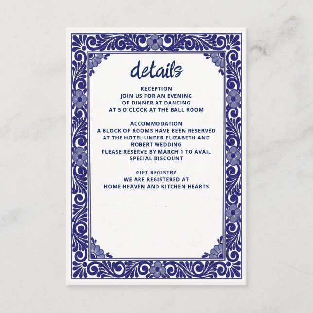 Mexican Navy Blue Talavera Wedding Enclosure Card (Front)
