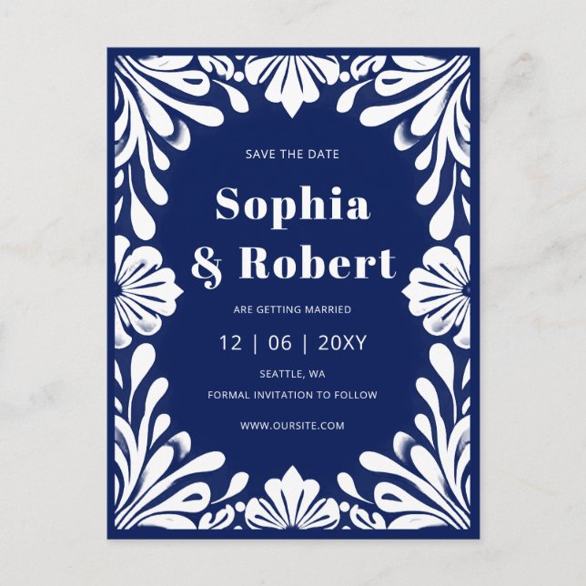 Mexican Navy Blue Talavera Wedding Save the Date Announcement Postcard (Front)