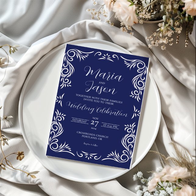 Mexican Navy Blue Vintage Formal Elegant Wedding Invitation (Mexican Navy Blue Vintage Formal Elegant Wedding Invitation)