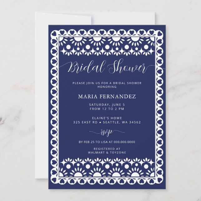 Mexican Navy Papel Picado Boho Bridal Shower Invitation (Front)