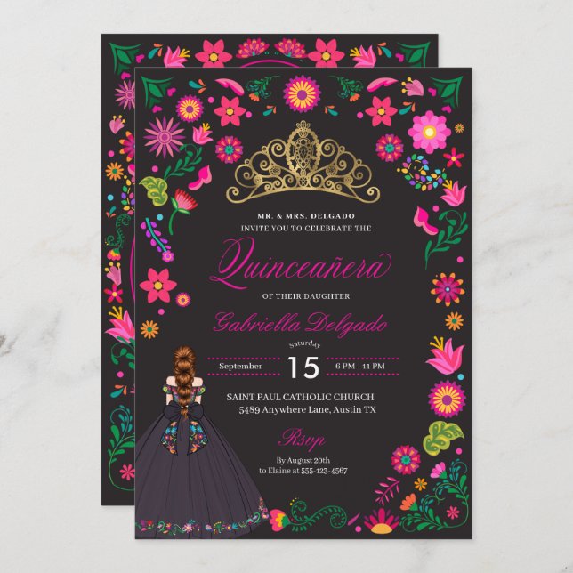 Mexican Otomi Embroidery Quinceañera Invitation (Front/Back)