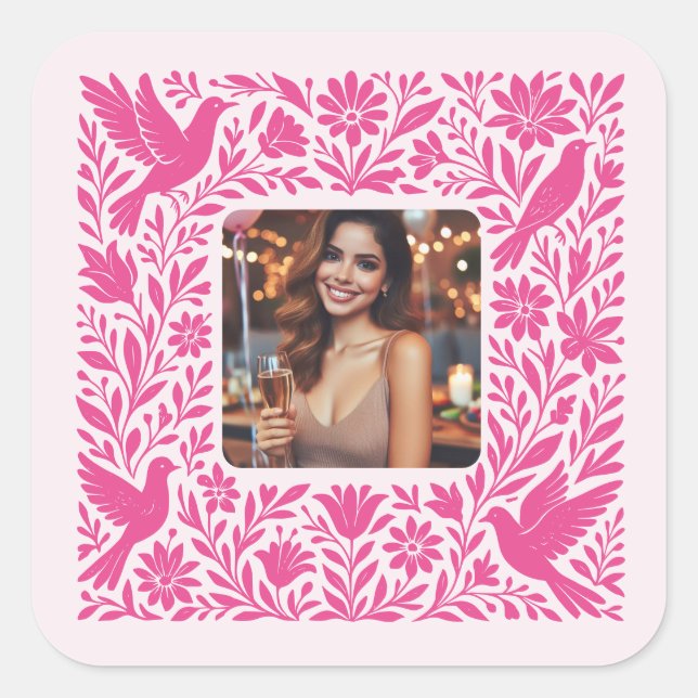 Mexican Otomí Floral Border with Photo Square Sticker (Front)