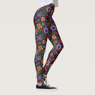 Mexican Otomi Folk Floral Colorful Leggings