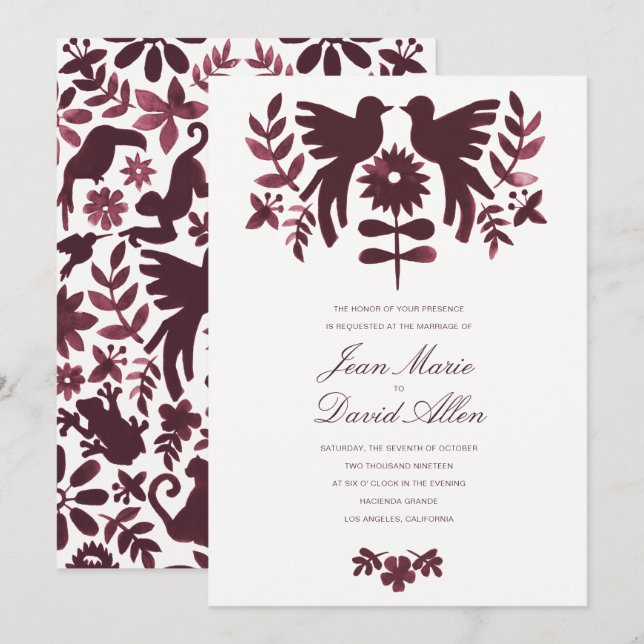 Mexican Otomi Wedding Invitation - Burgundy (Front/Back)
