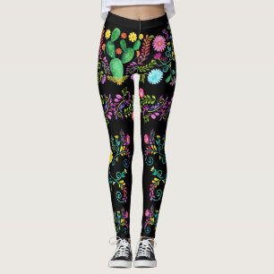 Mexican Painted Watercolor Flowers Pop Leggings