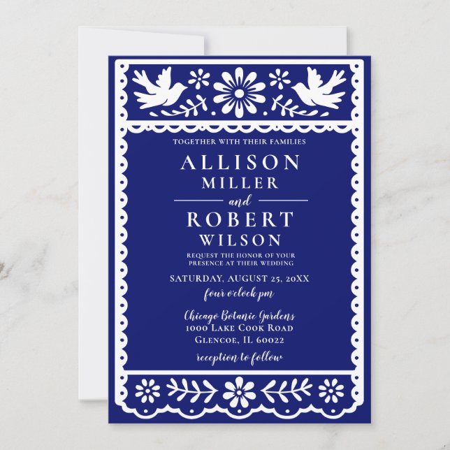 Mexican Papel Picado Navy Wedding Invitation (Front)