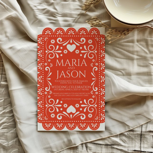 Mexican Papel Picado Orange White Folk Art Wedding Invitation (Mexican Papel Picado Orange White Folk Art Wedding Invitation)