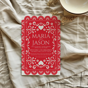 Mexican Papel Picado Red White Folk Art Wedding Invitation