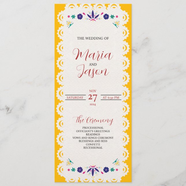 Mexican Papel Picado Yellow Nuestra Boda Wedding Programme (Front)