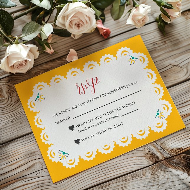 Mexican Papel Picado Yellow Nuestra Boda Wedding RSVP Card (Mexican Papel Picado Yellow Nuestra Boda Wedding RSVP Card)
