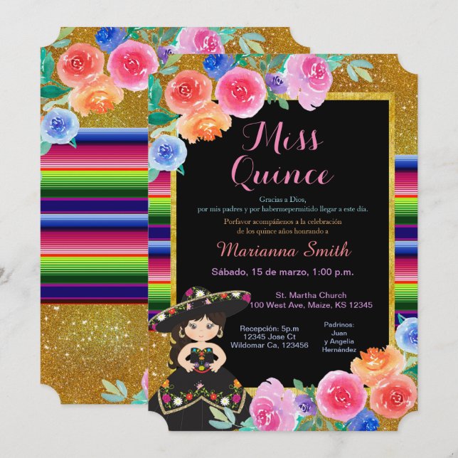 Mexican Party Gold Black Dress Quinceañera  Invitation (Front/Back)