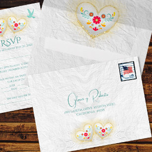 Mexican Pastel Hearts Flowers Doves RSVP Envelope
