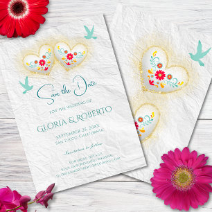 Mexican Pastel Hearts Flowers Doves Save The Date  Invitation