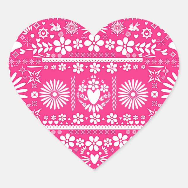 Mexican Picado Hot Pink White Wedding Marriage Heart Sticker (Front)