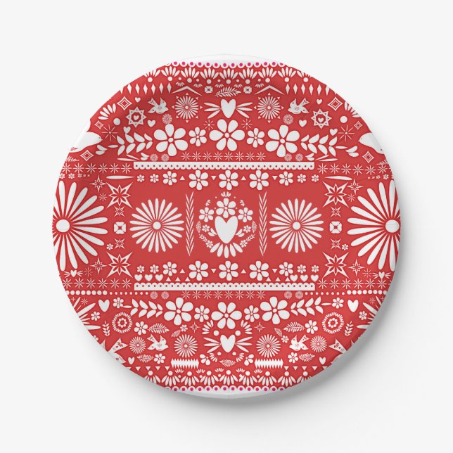 Mexican Picado Red & White Paper Wedding Marriage Paper Plate (Front)