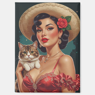 Mexican Pin-Up holding Cute Cat Magnet