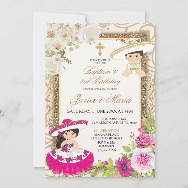 Mexican Pink & Blue Sibling Baptism third Birthday Invitation (Front)