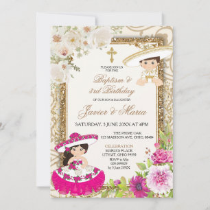 Mexican Pink & Blue Sibling Baptism third Birthday Invitation
