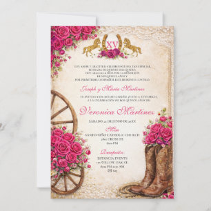 Mexican Pink Floral Girl Quinceañera Western Horse Invitation