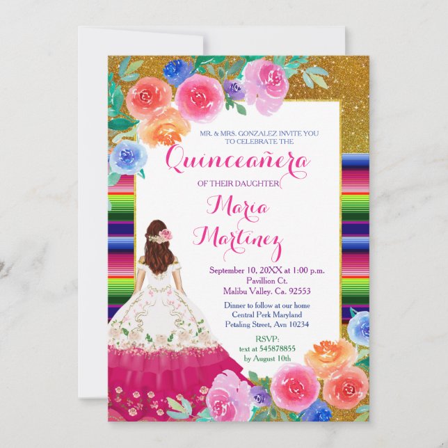 Mexican Pink Girl Gold Quinceañera Birthday   Invitation (Front)