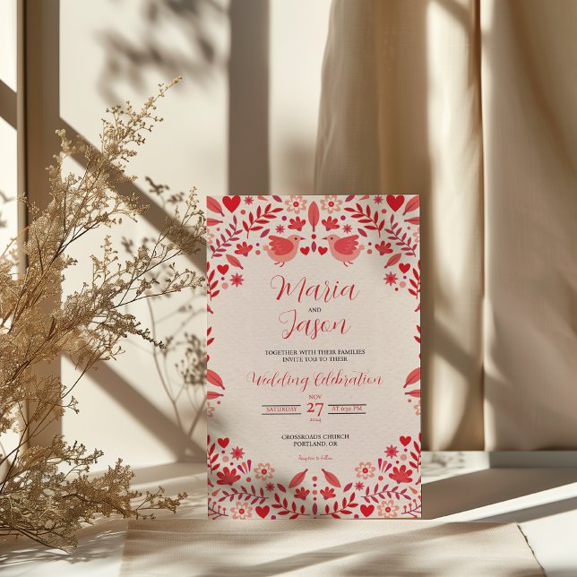 Mexican Pink Red Floral Elegant Aesthetic Wedding Invitation (Mexican Pink Red Floral Elegant Aesthetic Wedding Invitation)