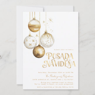 Mexican Posada Navideña Gold White Ornaments Invitation